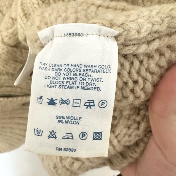LandsEnd tan cable knit thick heavy cardigan modest winter fisherman Size LP - Picture 3 of 6